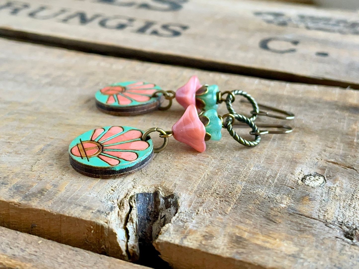 Colourful Hand Painted Wooden Charm Earrings. Czech Glass Flower Earrings. Summer Jewellery. Unique Bohemian Style Jewellery