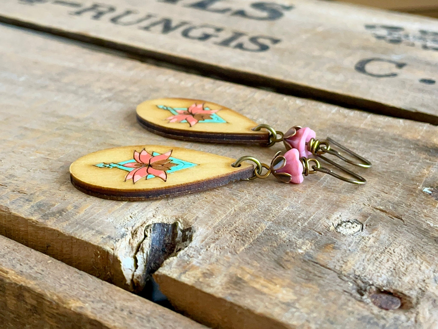 Colourful Wooden Charm Earrings. Hand Painted Earrings. Coral Pink & Turquoise Earrings. Unique Bohemian Style Jewellery