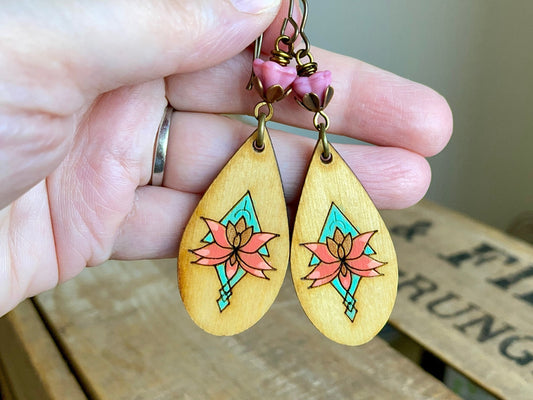 Colourful Wooden Charm Earrings. Hand Painted Earrings. Coral Pink & Turquoise Earrings. Unique Bohemian Style Jewellery