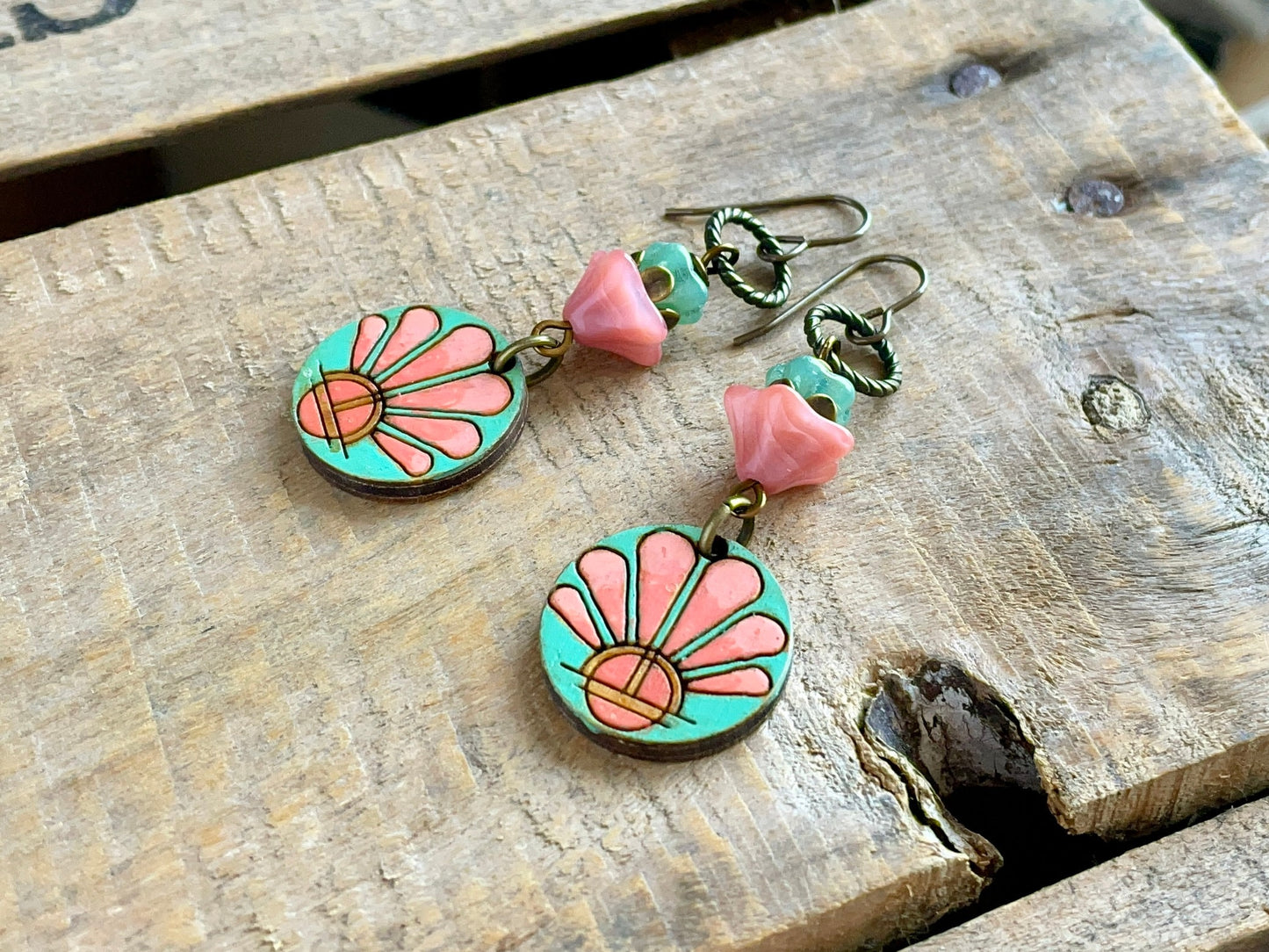 Colourful Hand Painted Wooden Charm Earrings. Czech Glass Flower Earrings. Summer Jewellery. Unique Bohemian Style Jewellery