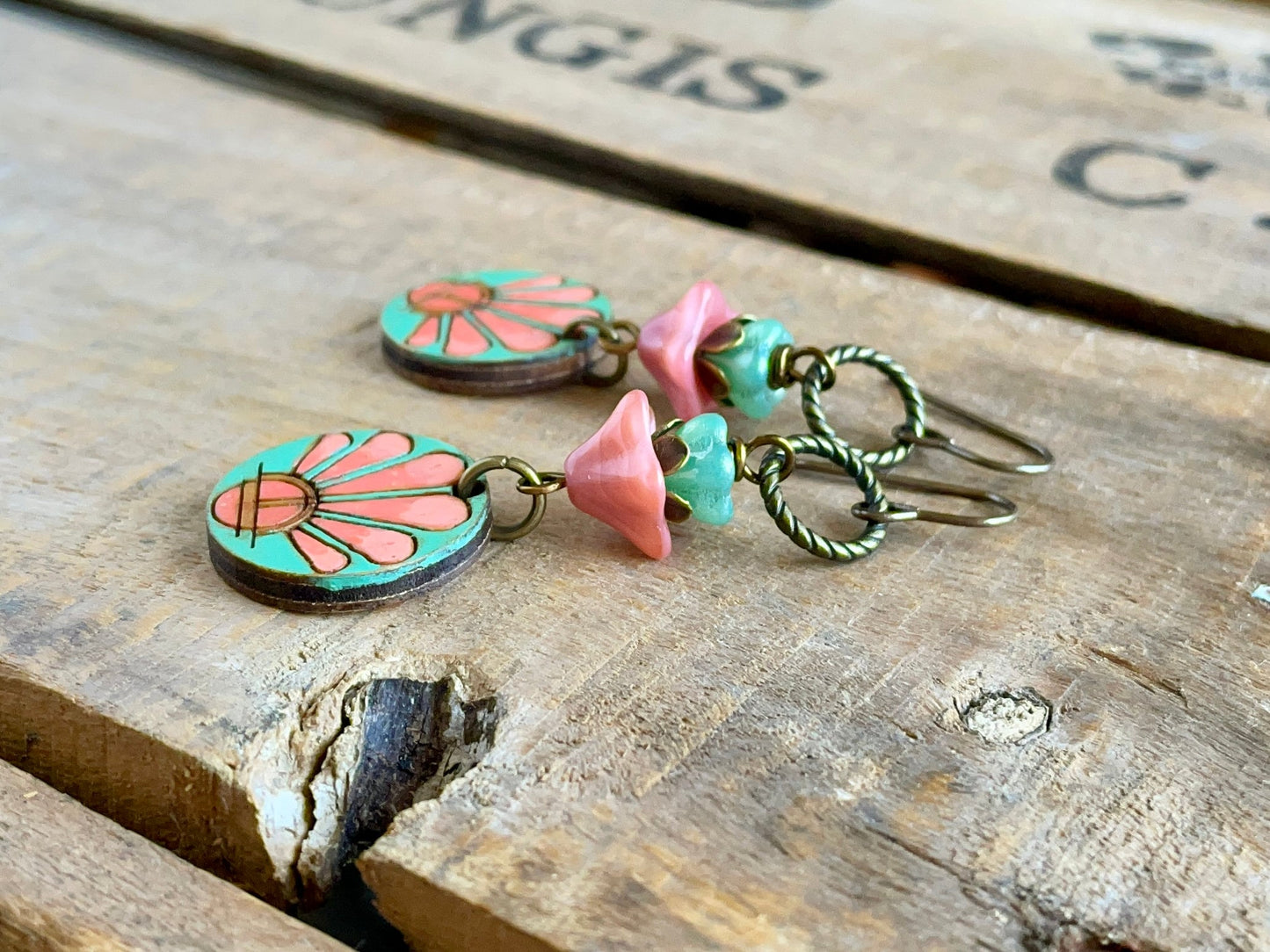 Colourful Hand Painted Wooden Charm Earrings. Czech Glass Flower Earrings. Summer Jewellery. Unique Bohemian Style Jewellery