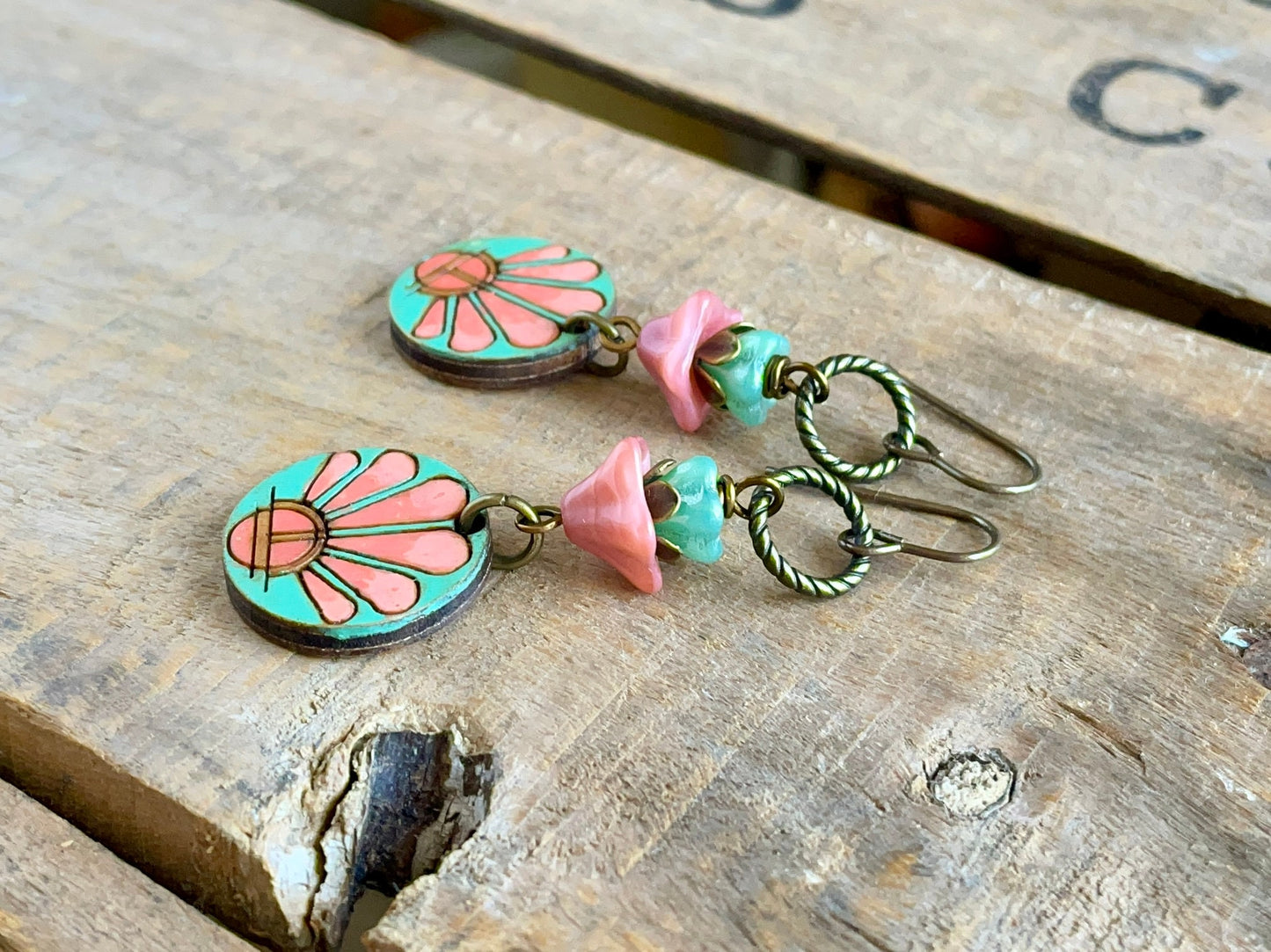 Colourful Hand Painted Wooden Charm Earrings. Czech Glass Flower Earrings. Summer Jewellery. Unique Bohemian Style Jewellery