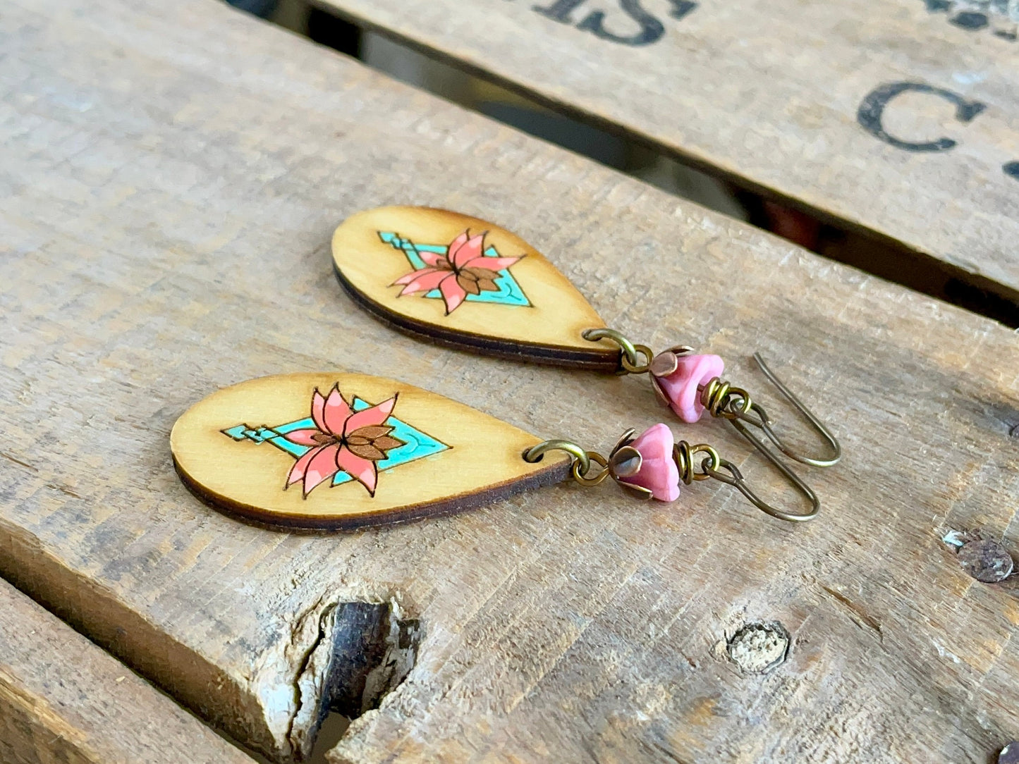 Colourful Wooden Charm Earrings. Hand Painted Earrings. Coral Pink & Turquoise Earrings. Unique Bohemian Style Jewellery