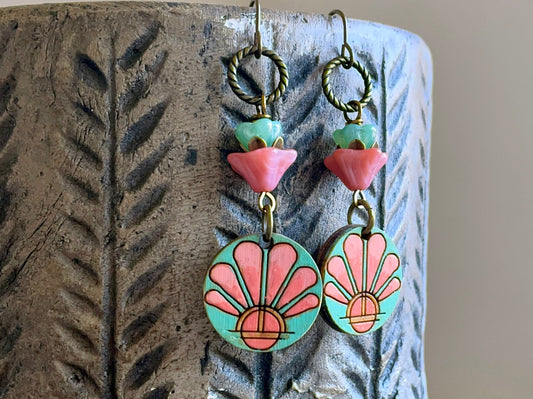 Colourful Hand Painted Wooden Charm Earrings. Czech Glass Flower Earrings. Summer Jewellery. Unique Bohemian Style Jewellery