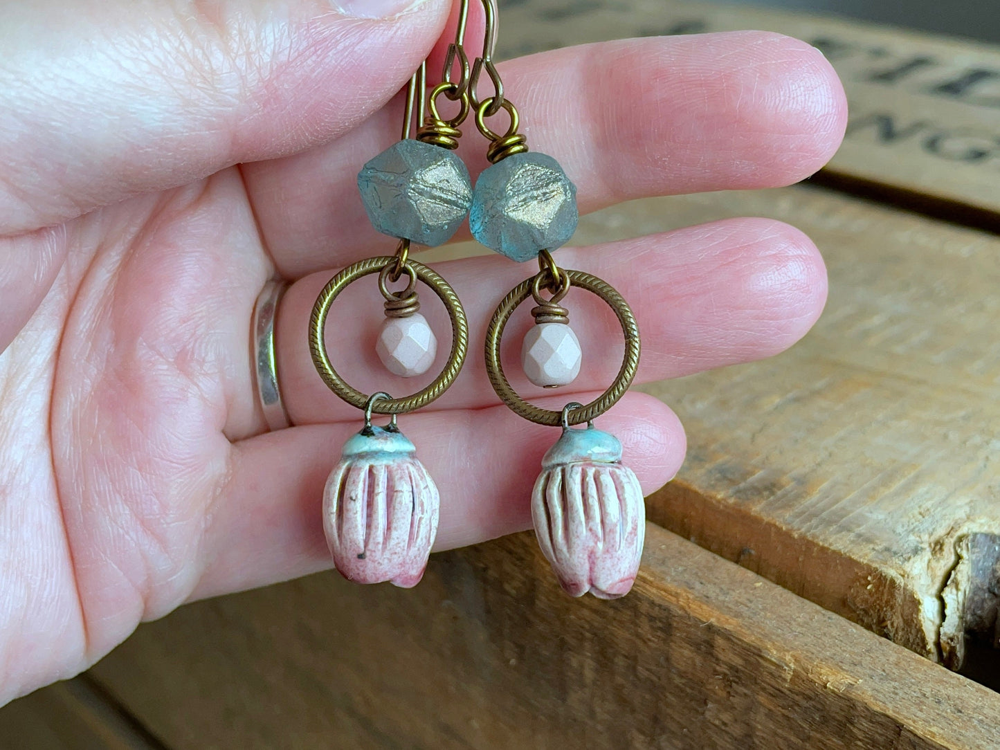 Unique Artisan Ceramic Drop Earrings. Bell Flower Earrings. Czech Glass Earrings. Seafoam, Aqua & Pink Earrings. Bohemian Style Jewellery