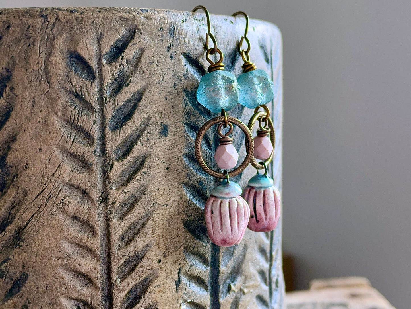 Unique Artisan Ceramic Drop Earrings. Bell Flower Earrings. Czech Glass Earrings. Seafoam, Aqua & Pink Earrings. Bohemian Style Jewellery