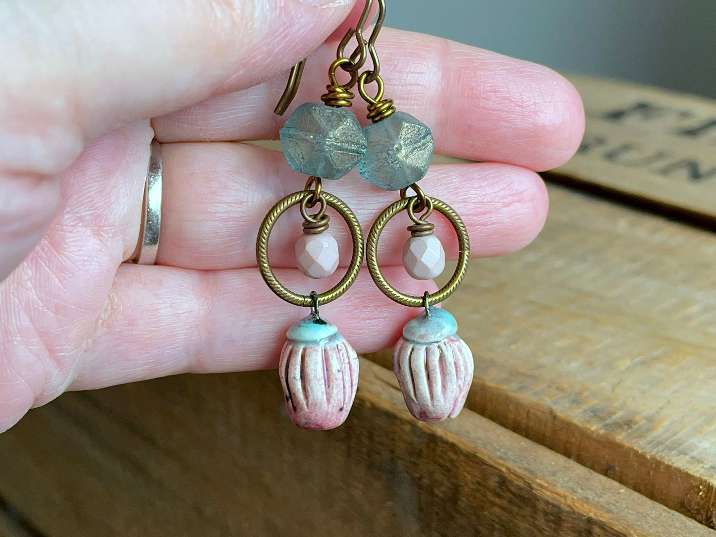 Unique Artisan Ceramic Drop Earrings. Bell Flower Earrings. Czech Glass Earrings. Seafoam, Aqua & Pink Earrings. Bohemian Style Jewellery