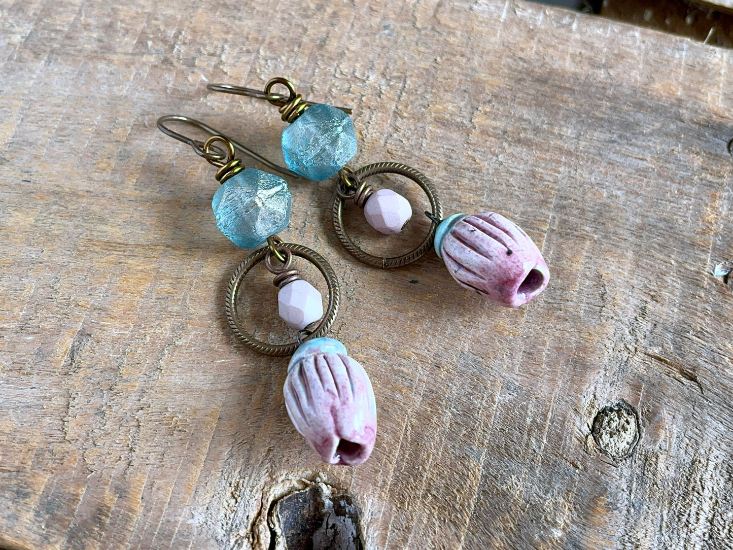 Unique Artisan Ceramic Drop Earrings. Bell Flower Earrings. Czech Glass Earrings. Seafoam, Aqua & Pink Earrings. Bohemian Style Jewellery