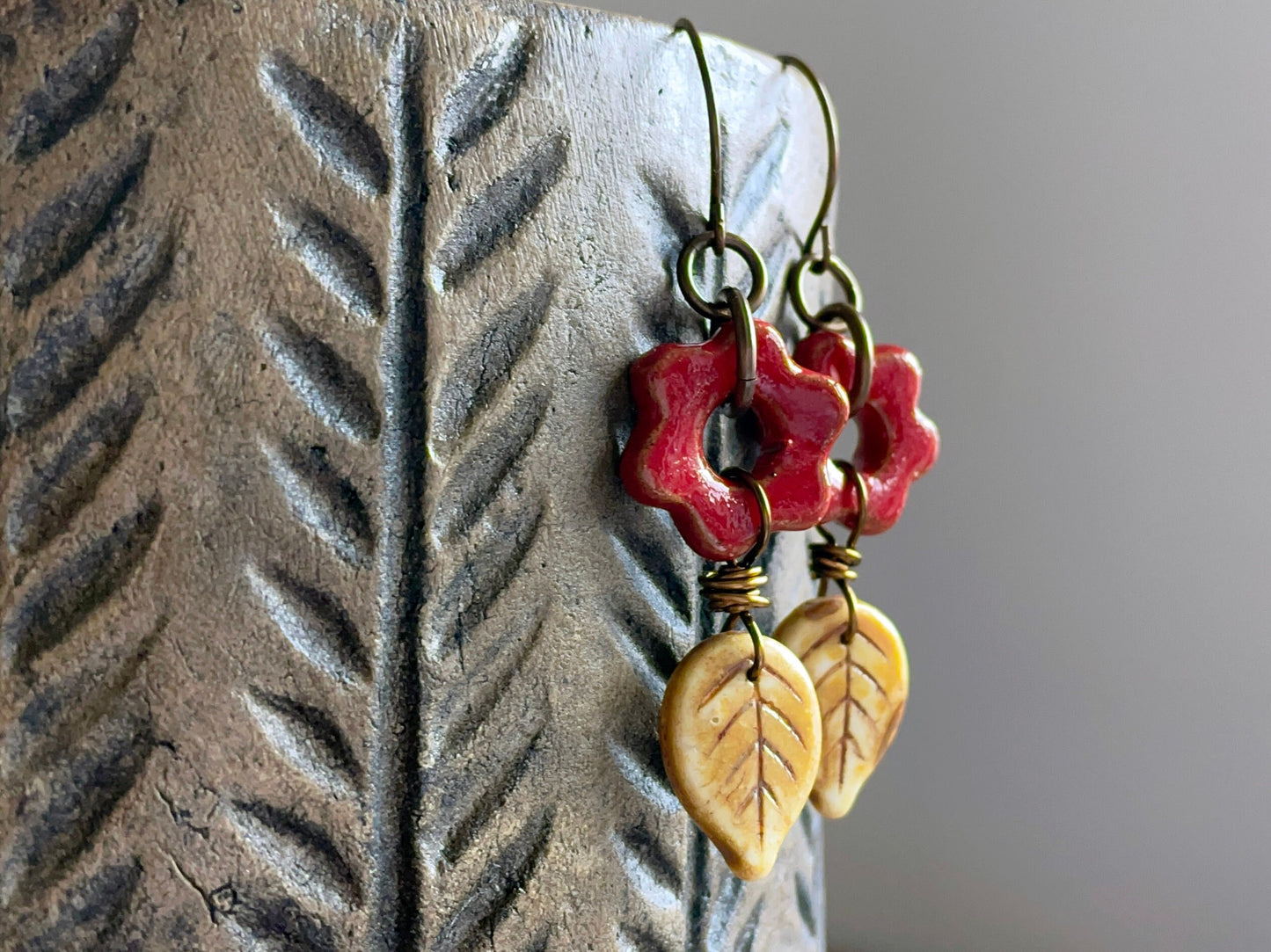 Rustic Red Artisan Ceramic Flower Earrings. Glass Leaf Earrings. Bohemian Style Jewellery. Nature Inspired Jewellery. One of a Kind