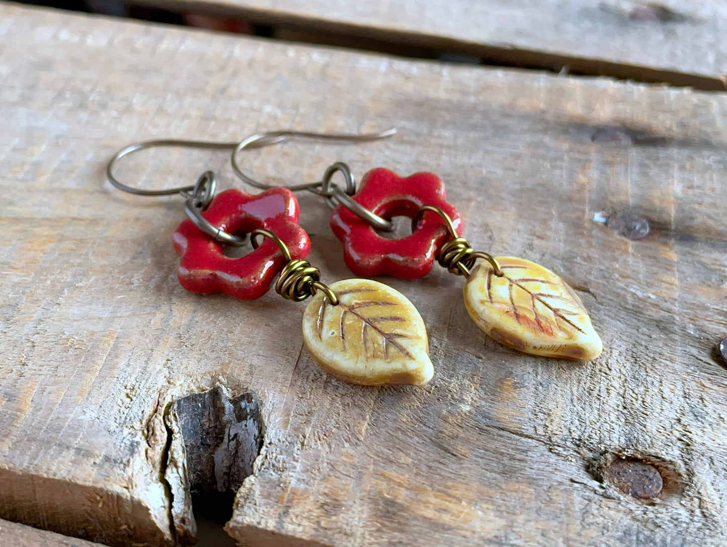 Rustic Red Artisan Ceramic Flower Earrings. Glass Leaf Earrings. Bohemian Style Jewellery. Nature Inspired Jewellery. One of a Kind