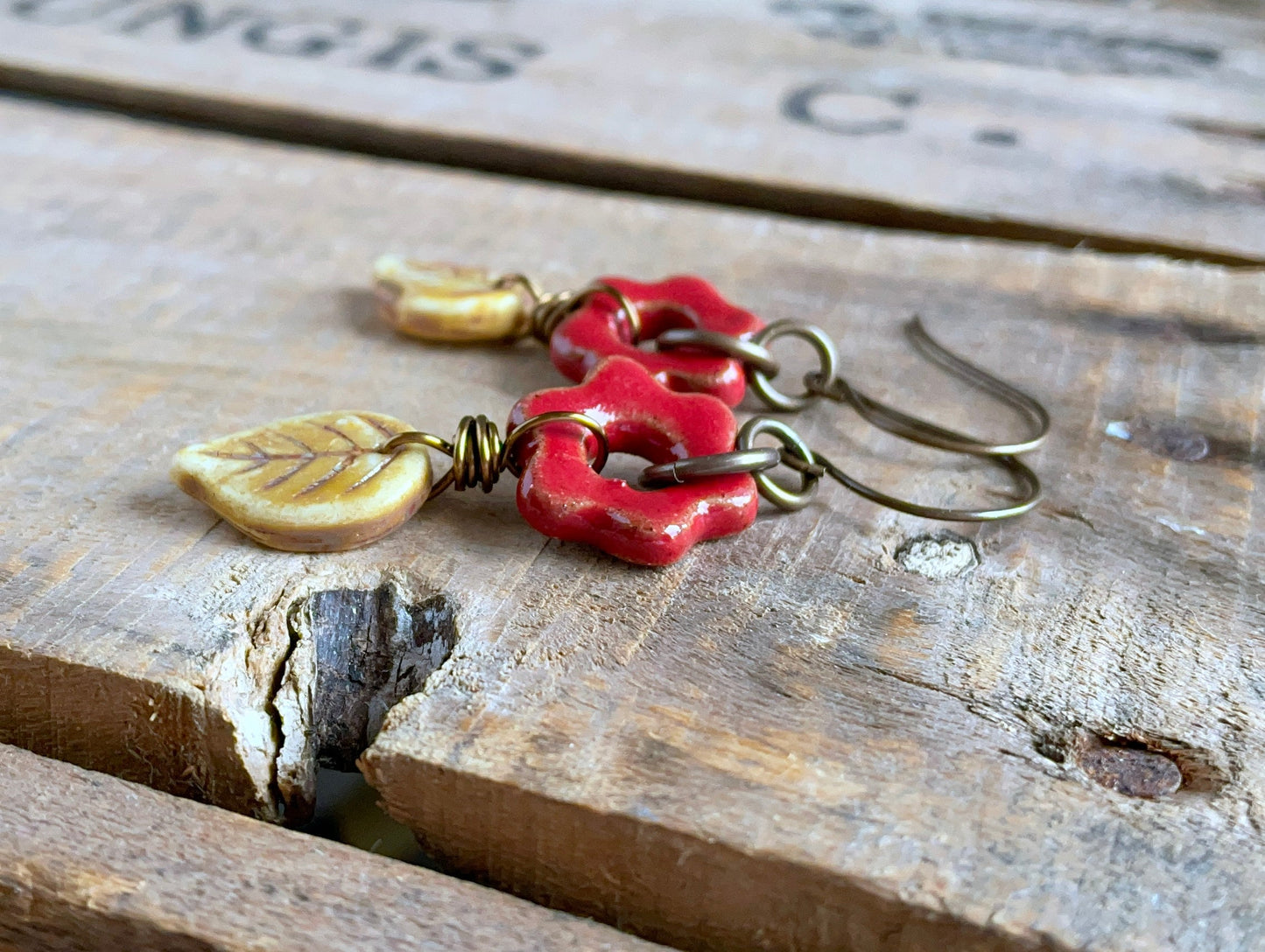 Rustic Red Artisan Ceramic Flower Earrings. Glass Leaf Earrings. Bohemian Style Jewellery. Nature Inspired Jewellery. One of a Kind