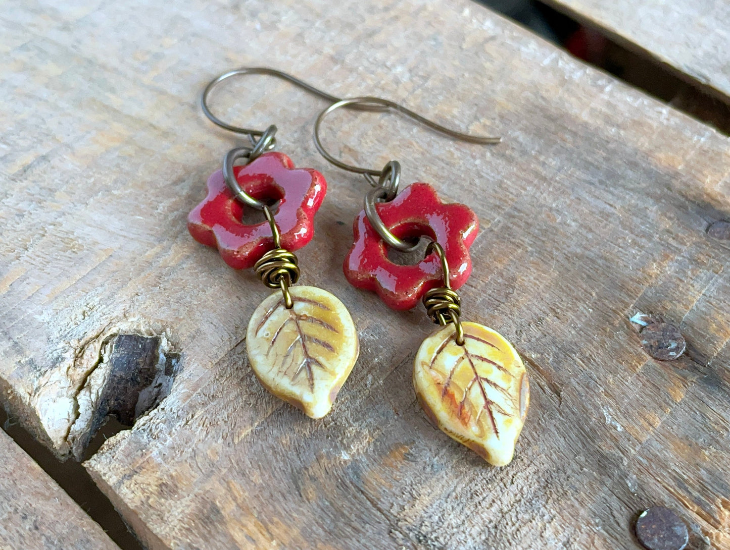 Rustic Red Artisan Ceramic Flower Earrings. Glass Leaf Earrings. Bohemian Style Jewellery. Nature Inspired Jewellery. One of a Kind