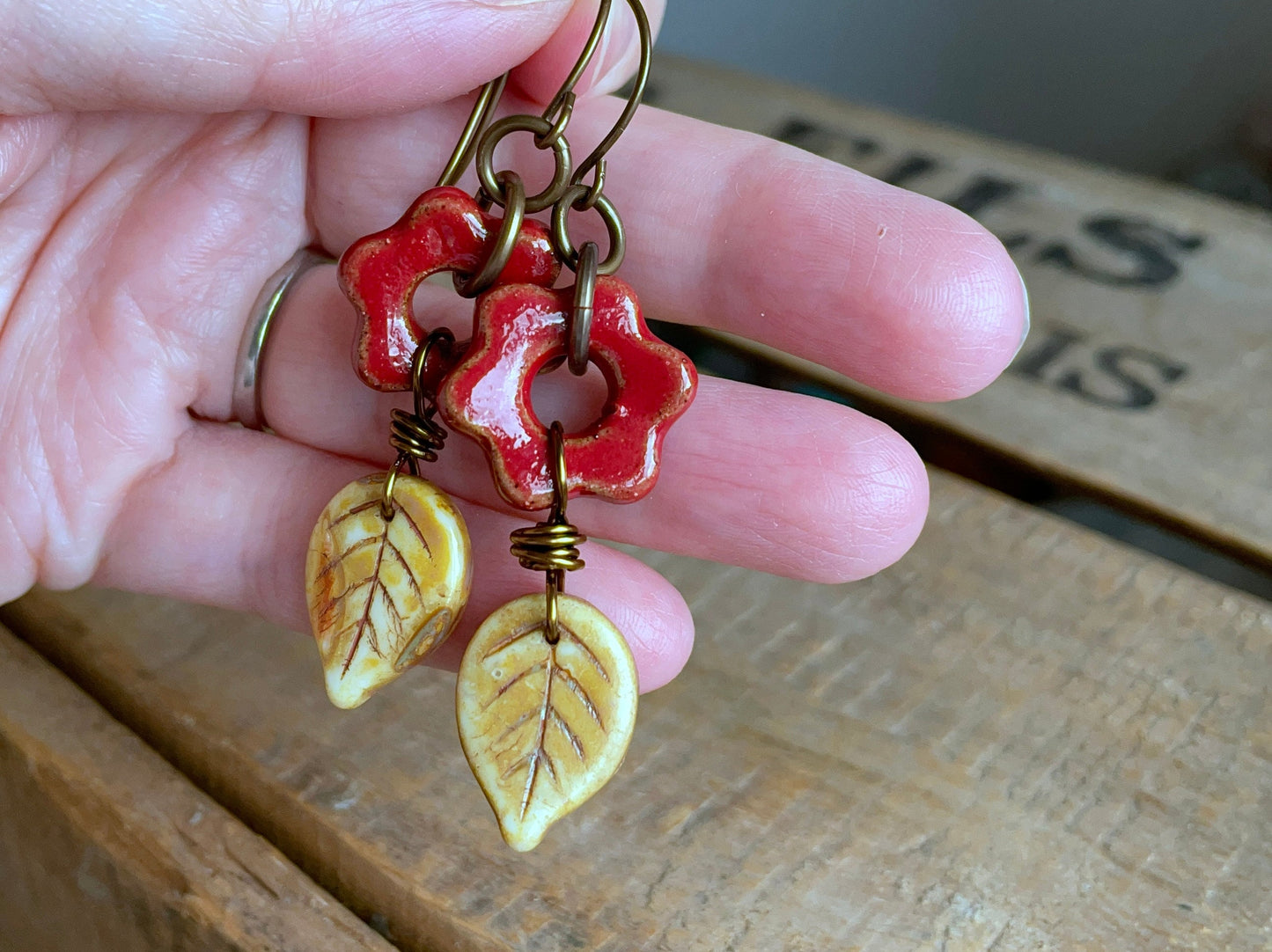 Rustic Red Artisan Ceramic Flower Earrings. Glass Leaf Earrings. Bohemian Style Jewellery. Nature Inspired Jewellery. One of a Kind