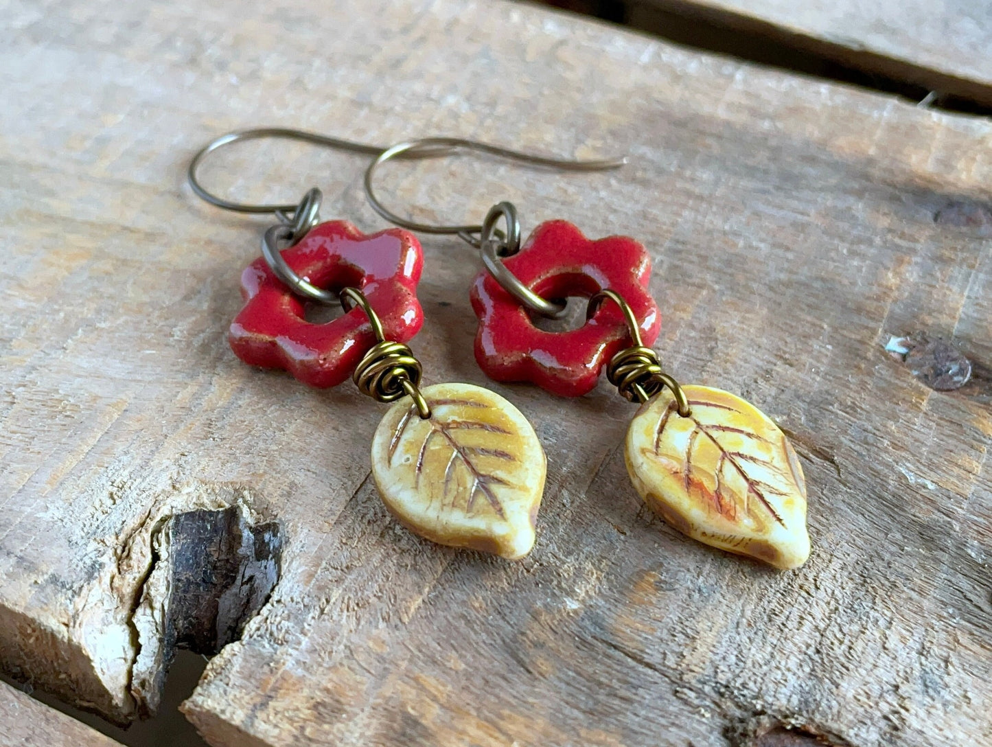 Rustic Red Artisan Ceramic Flower Earrings. Glass Leaf Earrings. Bohemian Style Jewellery. Nature Inspired Jewellery. One of a Kind