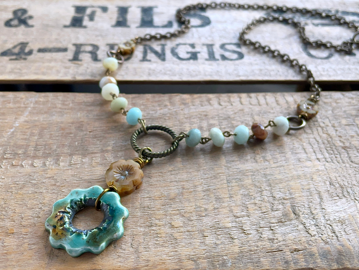 Nature Inspired Artisan Ceramic Necklace. Amazonite Beaded Necklace. Gemstone Jewellery. Rustic Pottery Pendant. One of a Kind