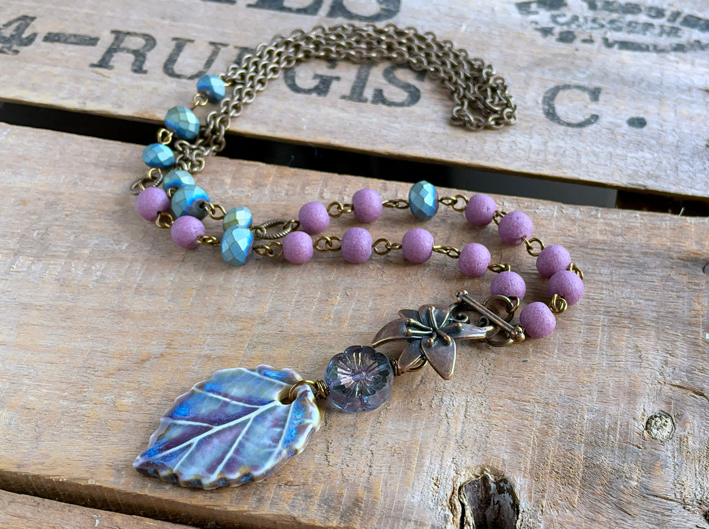 Artisan Ceramic Leaf Necklace. Pottery Pendant. Orchid Purple & Blue Glass Bead Necklace. Mixed Media Necklace. Bohemian Style Jewellery