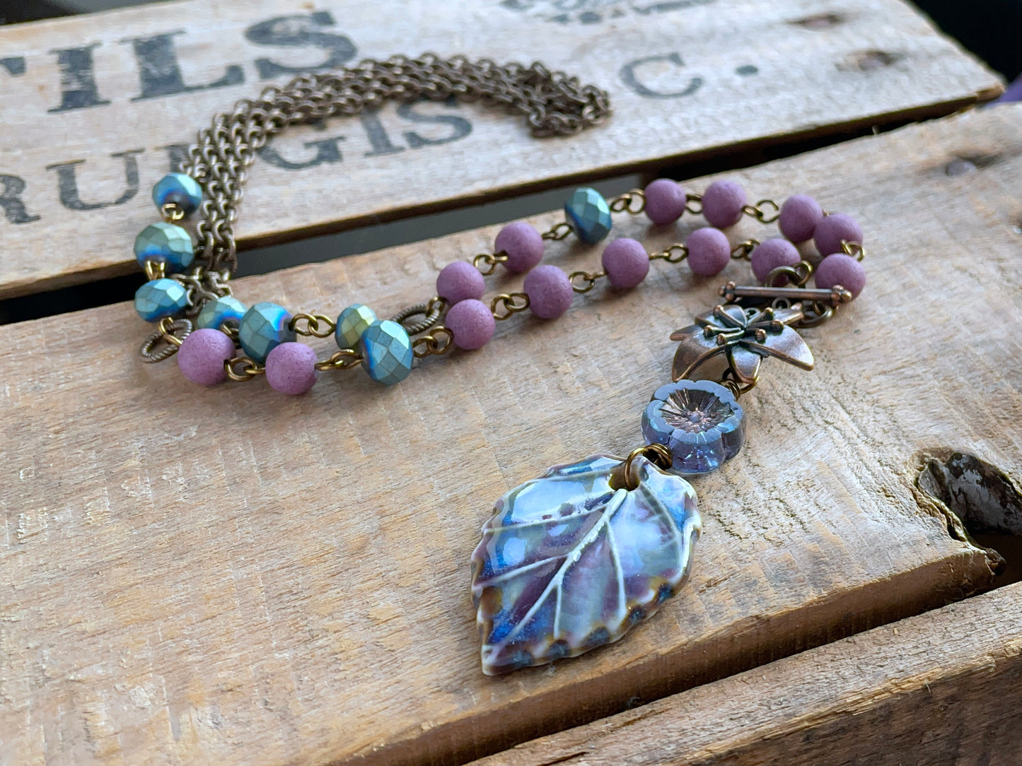 Artisan Ceramic Leaf Necklace. Pottery Pendant. Orchid Purple & Blue Glass Bead Necklace. Mixed Media Necklace. Bohemian Style Jewellery