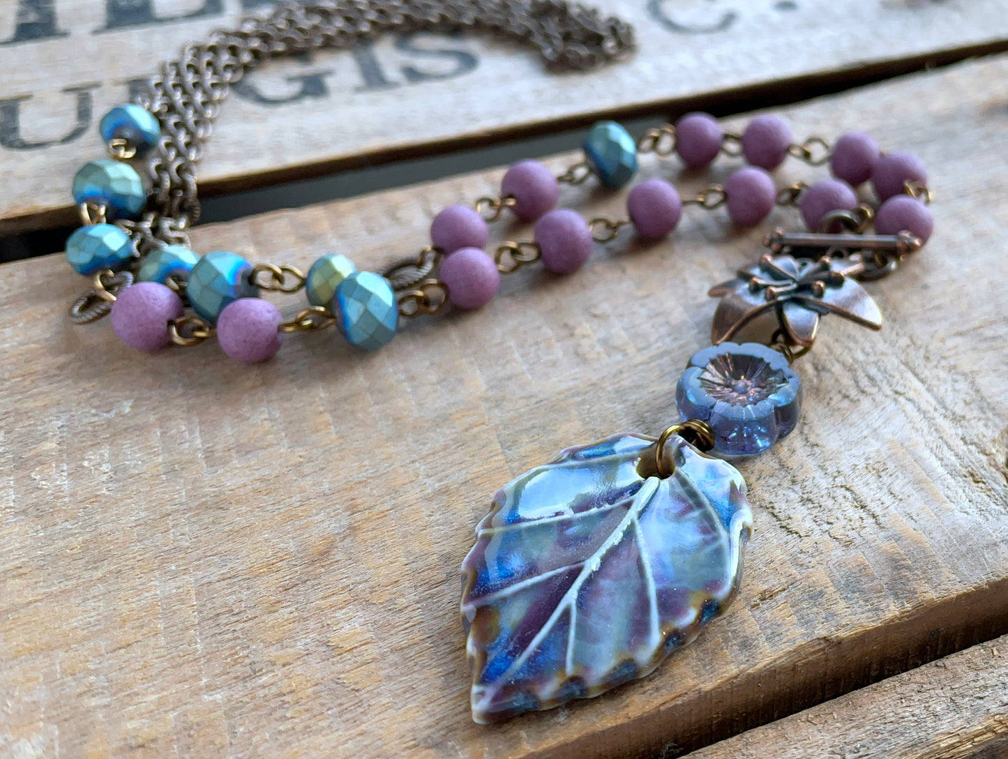 Artisan Ceramic Leaf Necklace. Pottery Pendant. Orchid Purple & Blue Glass Bead Necklace. Mixed Media Necklace. Bohemian Style Jewellery