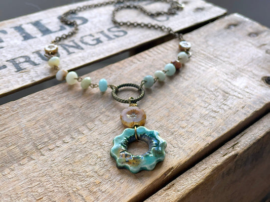 Nature Inspired Artisan Ceramic Necklace. Amazonite Beaded Necklace. Gemstone Jewellery. Rustic Pottery Pendant. One of a Kind