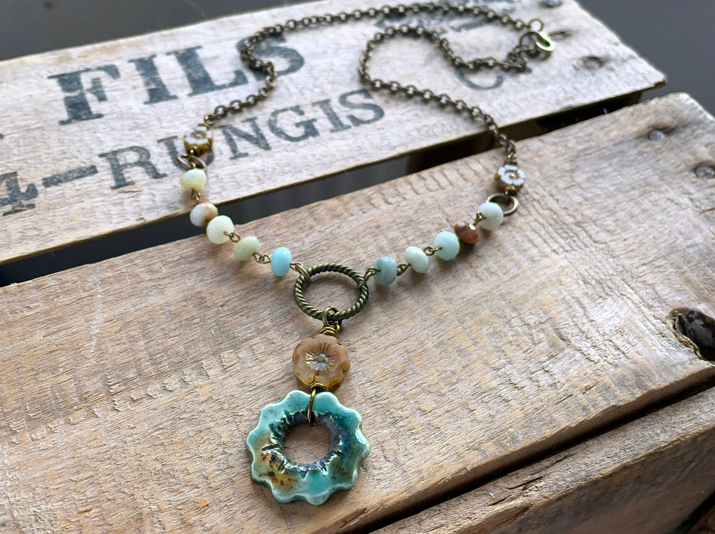 Nature Inspired Artisan Ceramic Necklace. Amazonite Beaded Necklace. Gemstone Jewellery. Rustic Pottery Pendant. One of a Kind