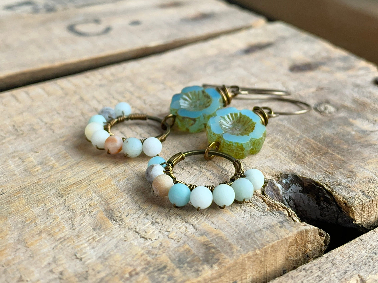 Seafoam Green Czech Glass Flower Earrings. Semi Precious Amazonite Earrings. Gemstone Earrings. Wire Wrapped Earrings