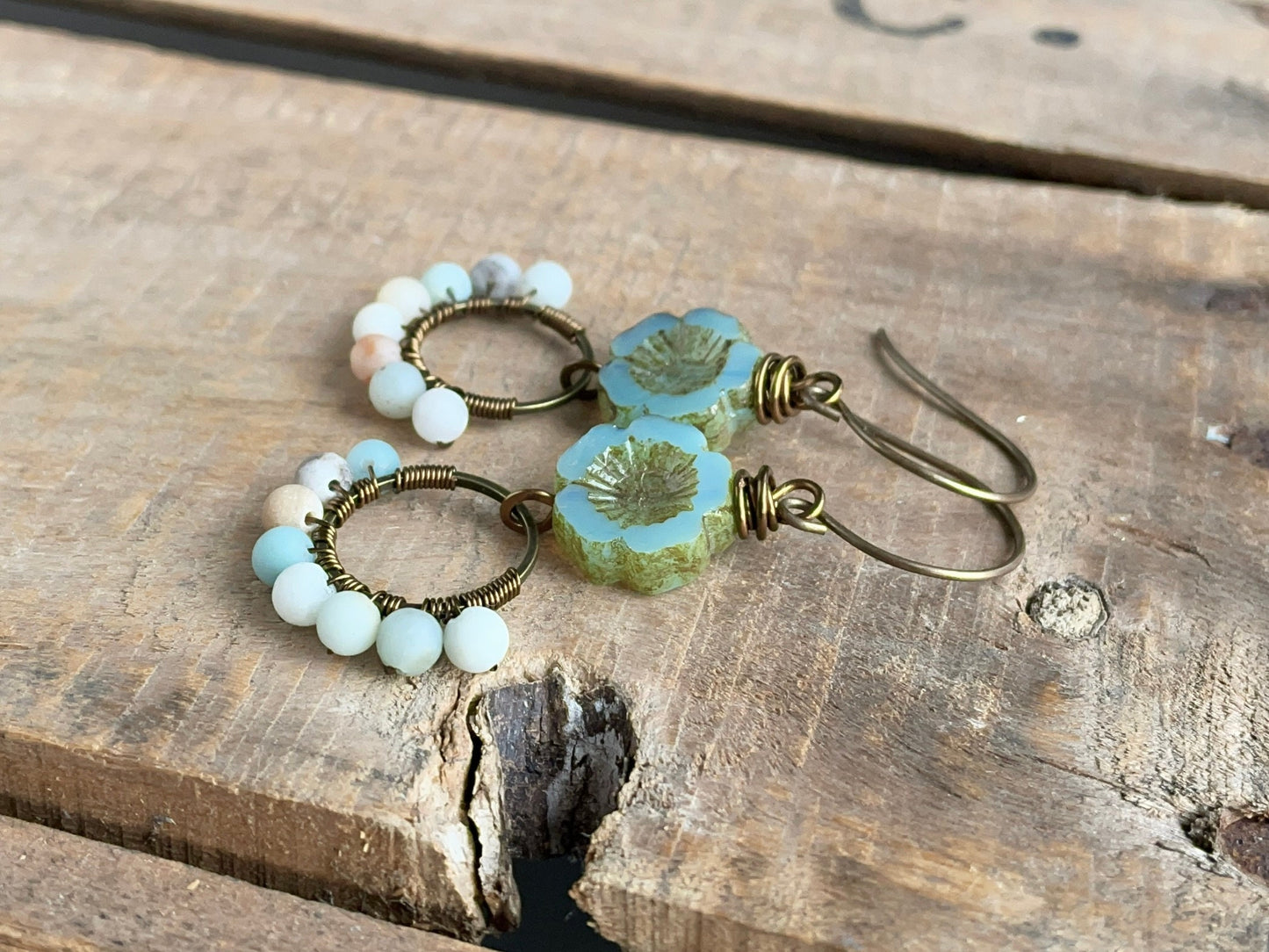 Seafoam Green Czech Glass Flower Earrings. Semi Precious Amazonite Earrings. Gemstone Earrings. Wire Wrapped Earrings