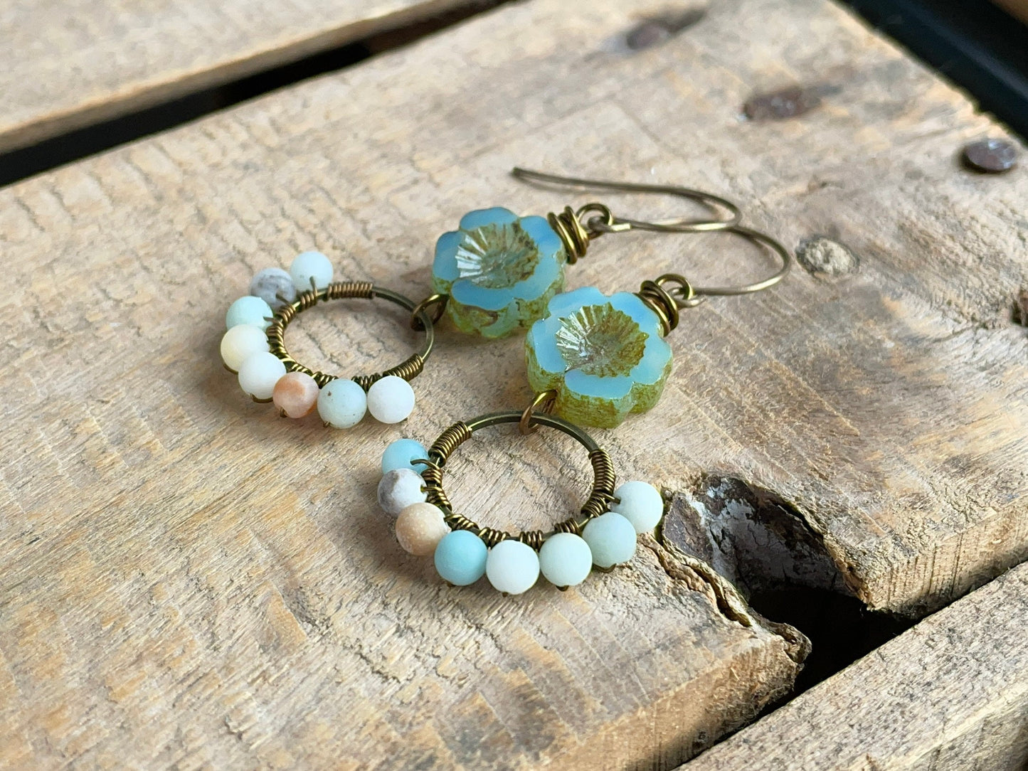 Seafoam Green Czech Glass Flower Earrings. Semi Precious Amazonite Earrings. Gemstone Earrings. Wire Wrapped Earrings