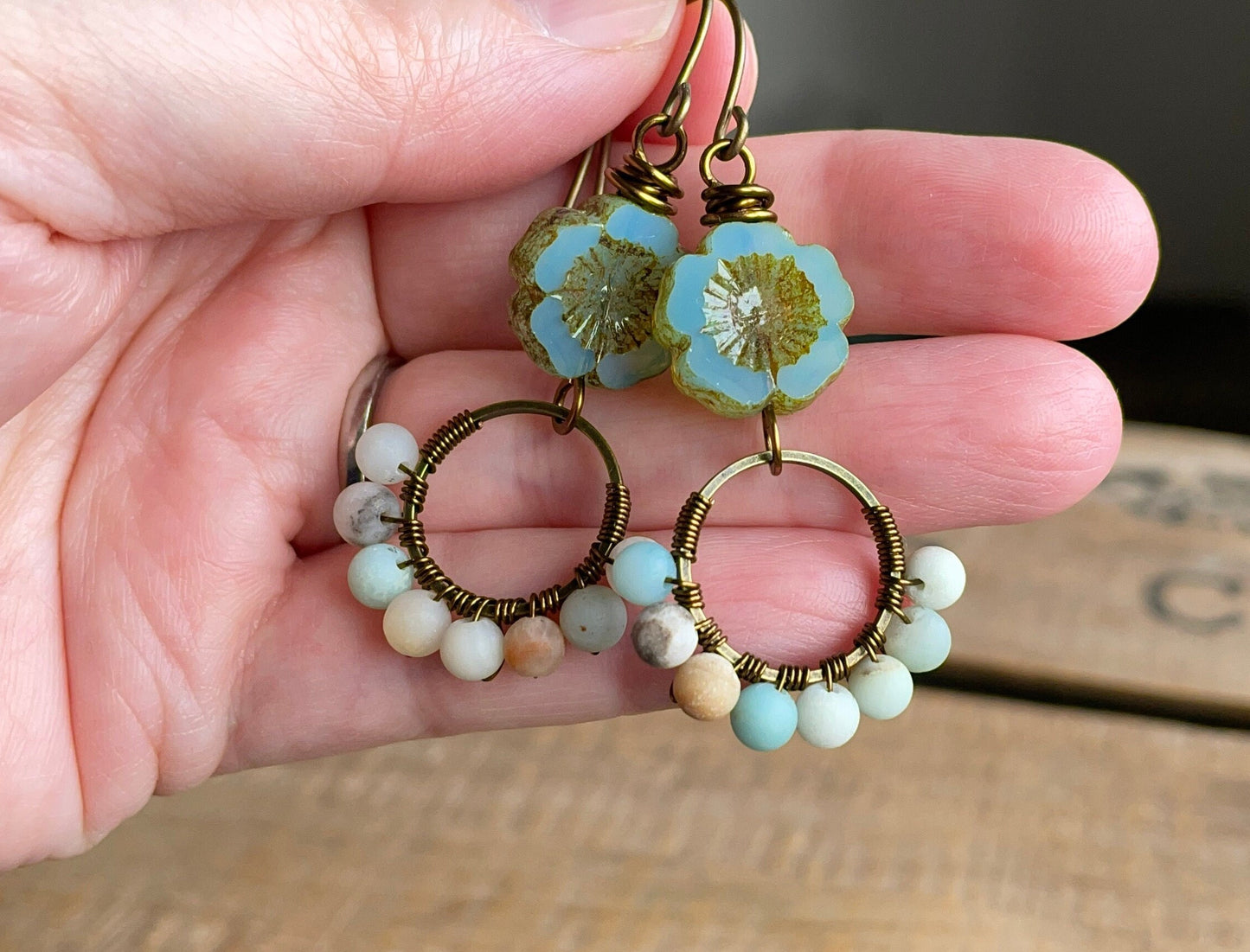 Seafoam Green Czech Glass Flower Earrings. Semi Precious Amazonite Earrings. Gemstone Earrings. Wire Wrapped Earrings