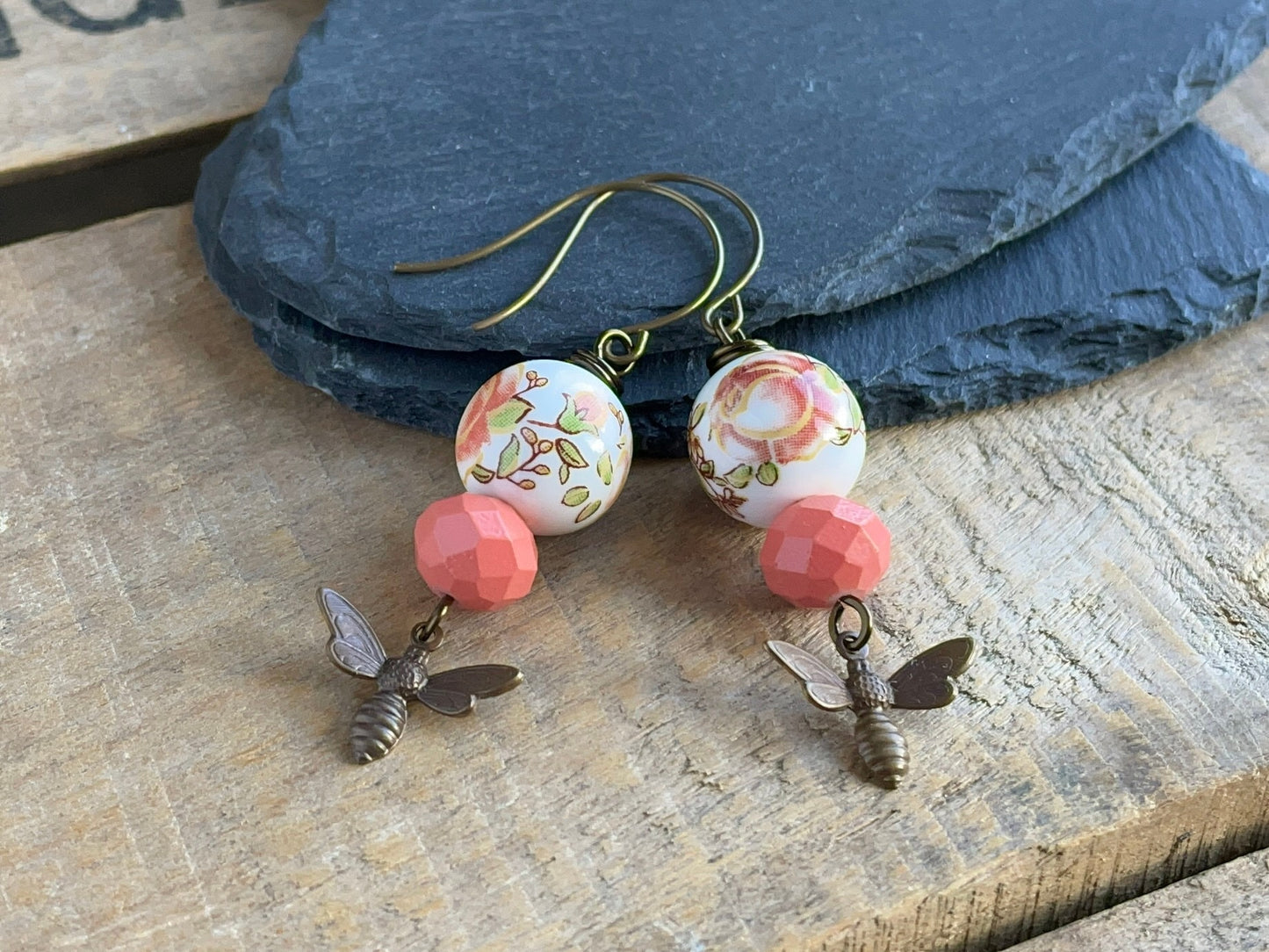 Brass Bumble Bee Earrings. Coral Peach Earrings. Whimsical Glass & Ceramic Earrings. Nature Inspired Spring Jewellery