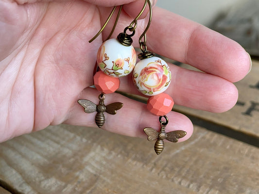 Brass Bumble Bee Earrings. Coral Peach Earrings. Whimsical Glass & Ceramic Earrings. Nature Inspired Spring Jewellery