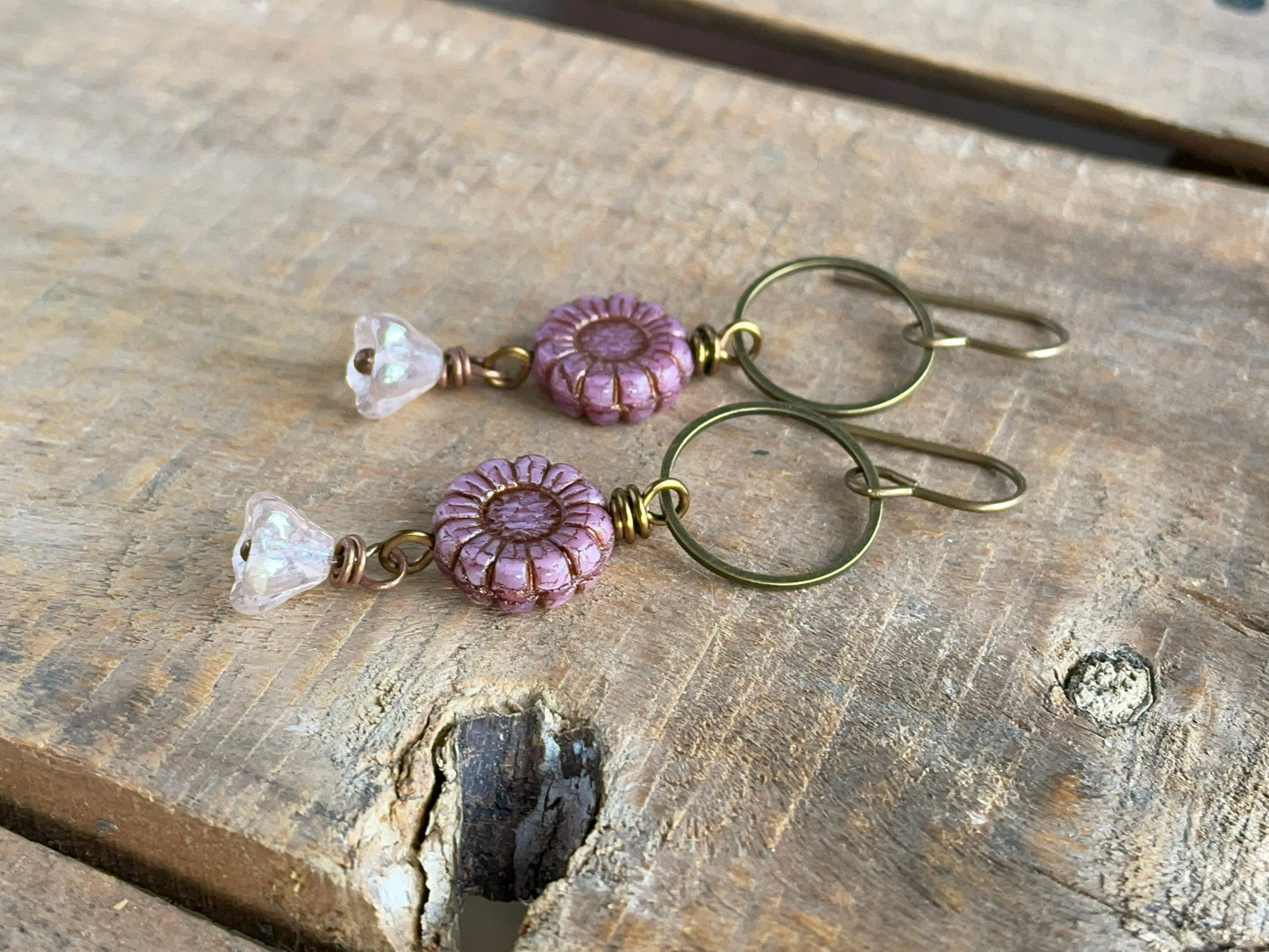 Rustic Pink Flower Earrings. Czech Glass Sunflower Bead Earrings. Blossom Earrings. Long Boho Hoop Earrings. Bohemian Style Jewellery