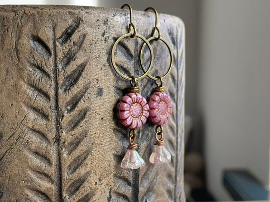 Rustic Pink Flower Earrings. Czech Glass Sunflower Bead Earrings. Blossom Earrings. Long Boho Hoop Earrings. Bohemian Style Jewellery