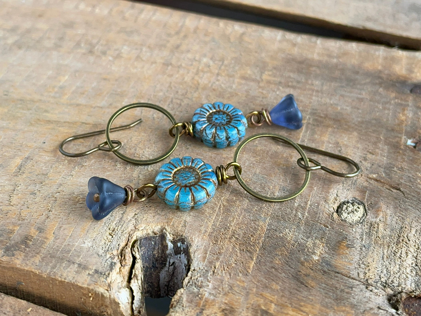 Rustic Blue Czech Glass Flower Earrings. Sunflower Bead Earrings. Bohemian Style Floral Earrings. Long Boho Hoop. Flower Lover Gift