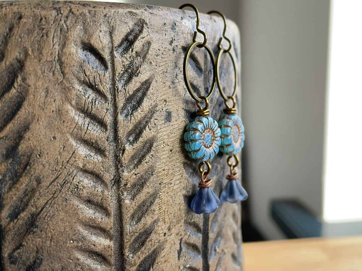 Rustic Blue Czech Glass Flower Earrings. Sunflower Bead Earrings. Bohemian Style Floral Earrings. Long Boho Hoop. Flower Lover Gift