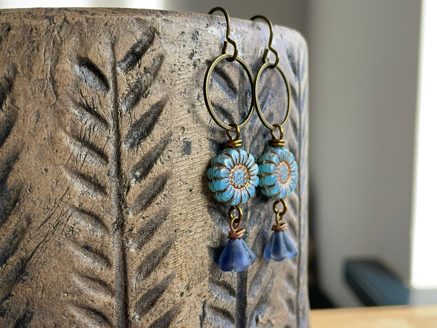 Rustic Blue Czech Glass Flower Earrings. Sunflower Bead Earrings. Bohemian Style Floral Earrings. Long Boho Hoop. Flower Lover Gift