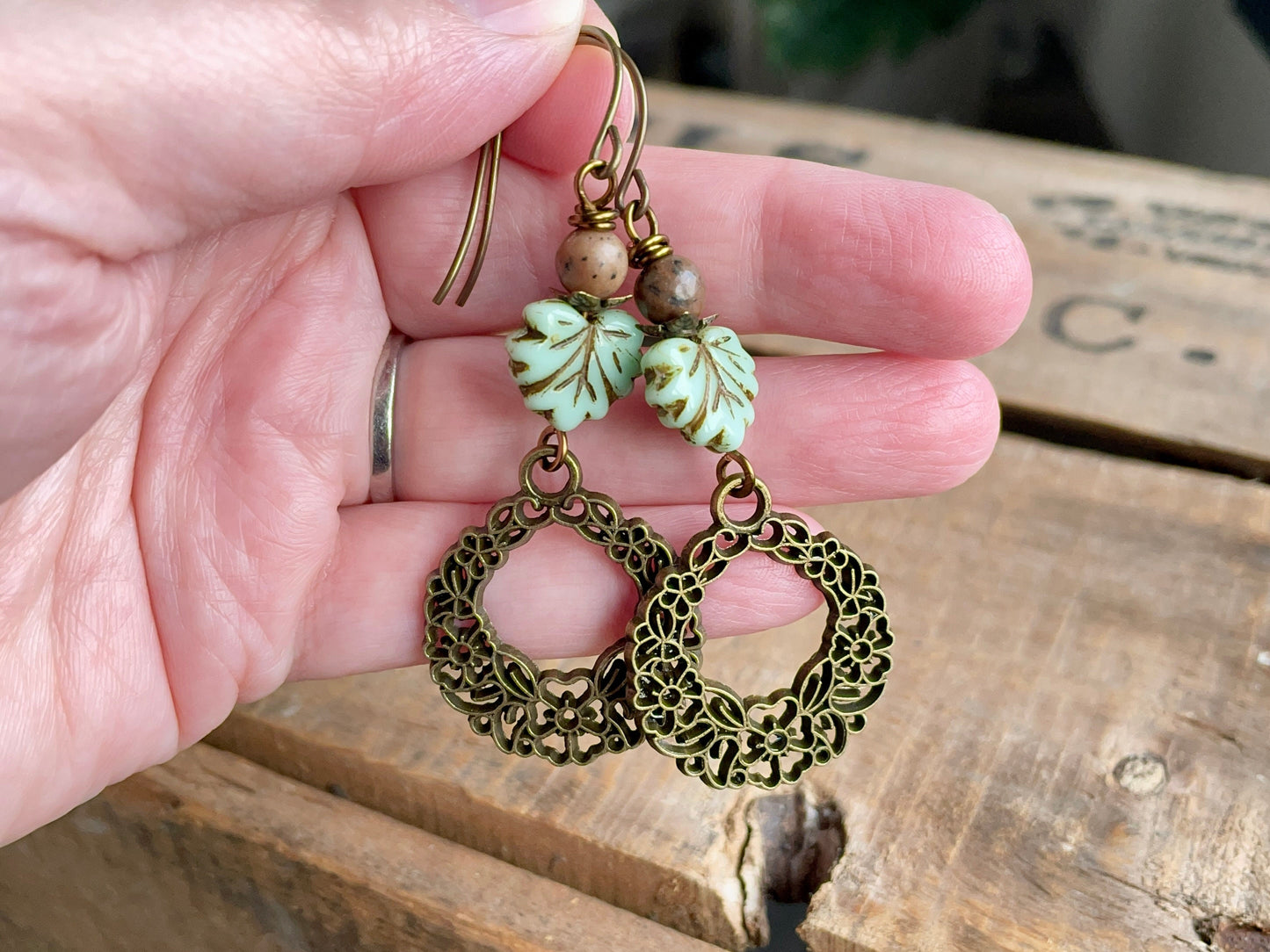 Maple Leaf Earrings. Mint Green Czech Glass Earrings. Nature Jewellery. Statetment Earrings. Bohemian Style Jewellery