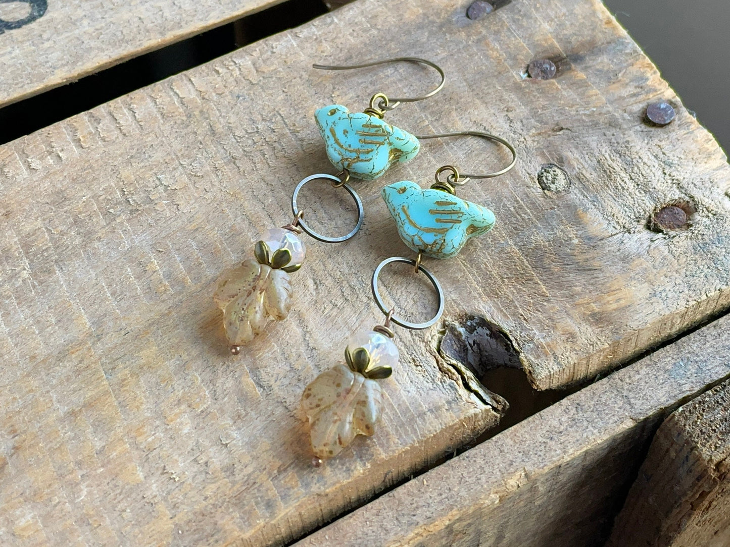 Mint Green Czech Glass Bird Earrings. Jewellery for Nature Lovers. Whimsical Handmade Gift