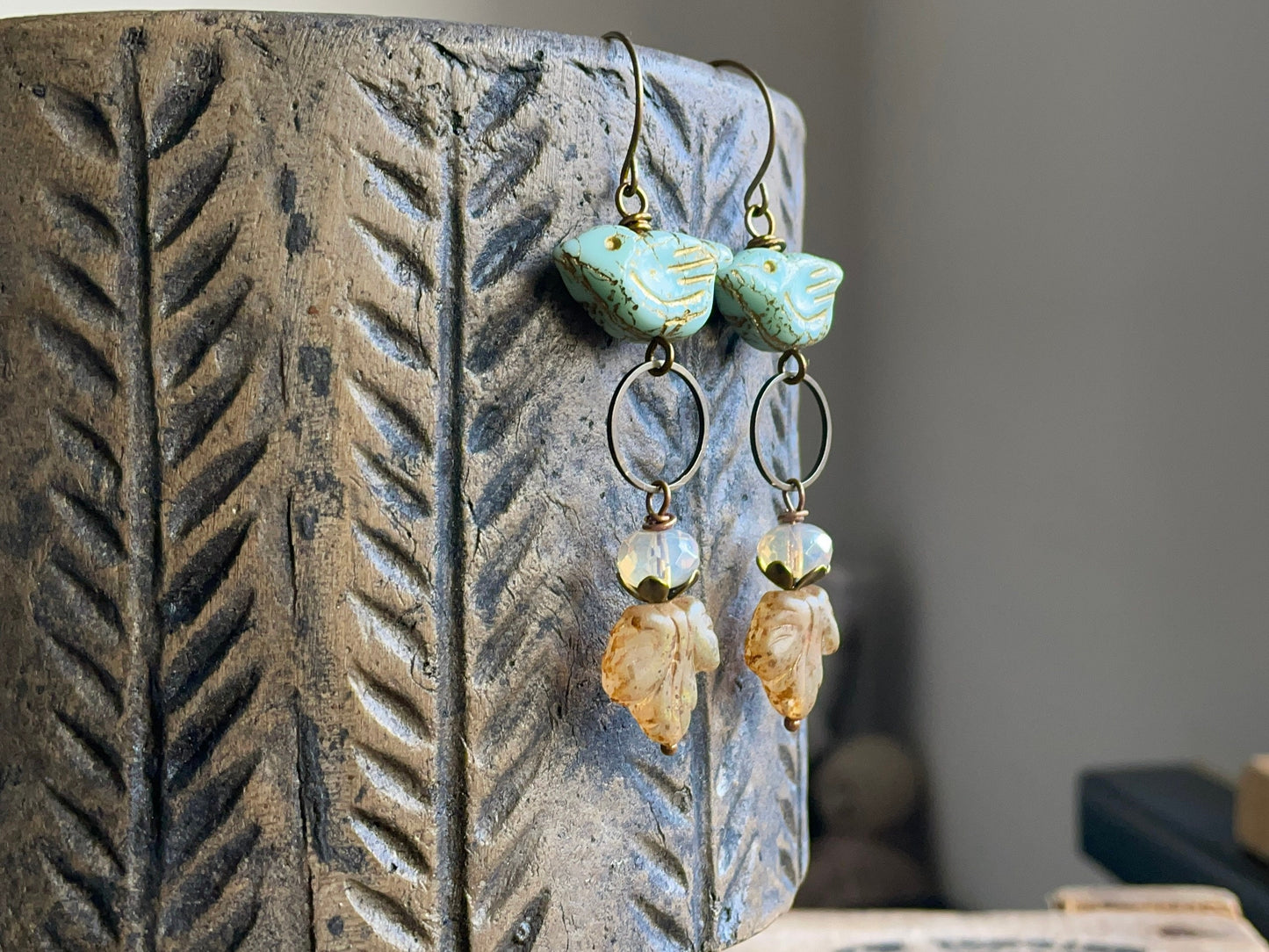 Mint Green Czech Glass Bird Earrings. Jewellery for Nature Lovers. Whimsical Handmade Gift