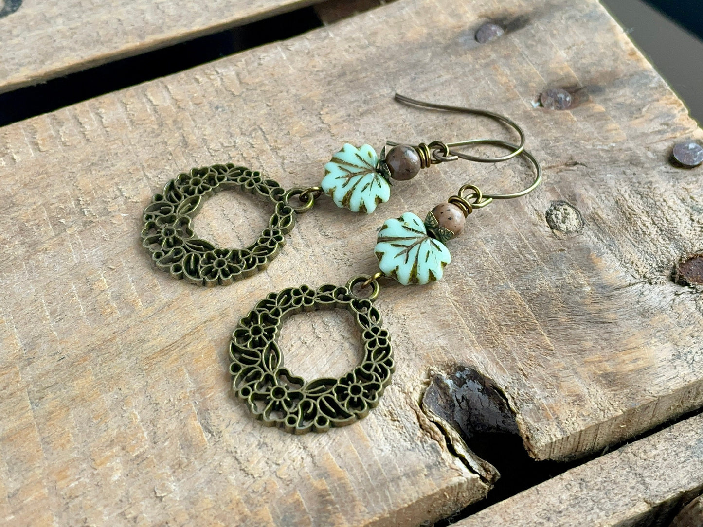 Maple Leaf Earrings. Mint Green Czech Glass Earrings. Nature Jewellery. Statetment Earrings. Bohemian Style Jewellery