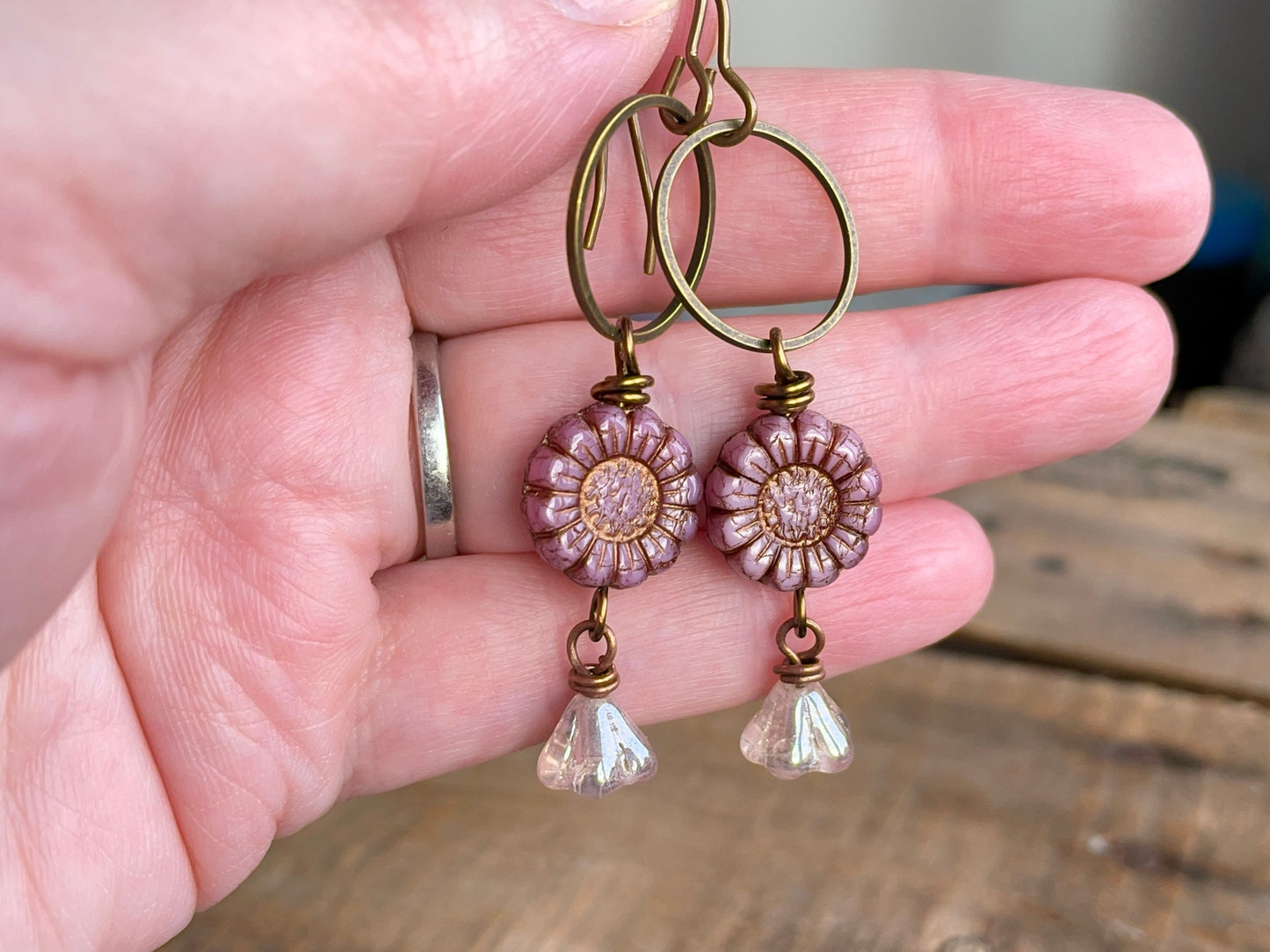 Rustic Pink Flower Earrings. Czech Glass Sunflower Bead Earrings. Blossom Earrings. Long Boho Hoop Earrings. Bohemian Style Jewellery