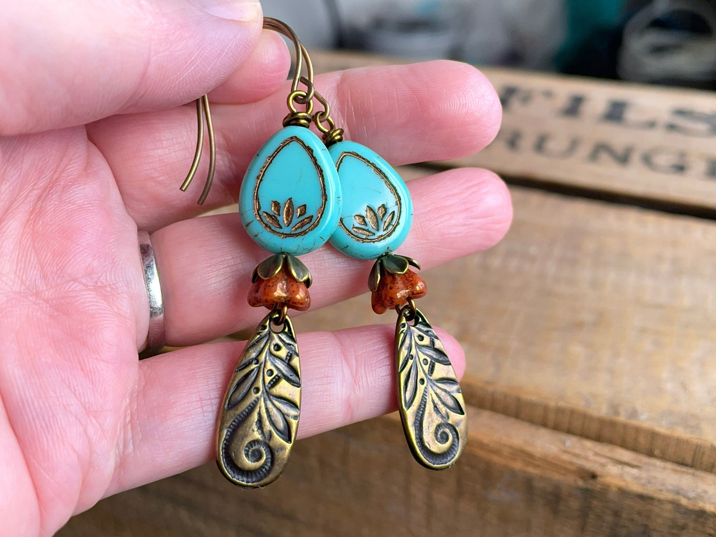 Czech Glass Lotus Flower Earrings. Turquoise Lotus Blossom Earrings. Teardrop Earrings. Brass Charm Earrings. Bohemian Style Jewellery