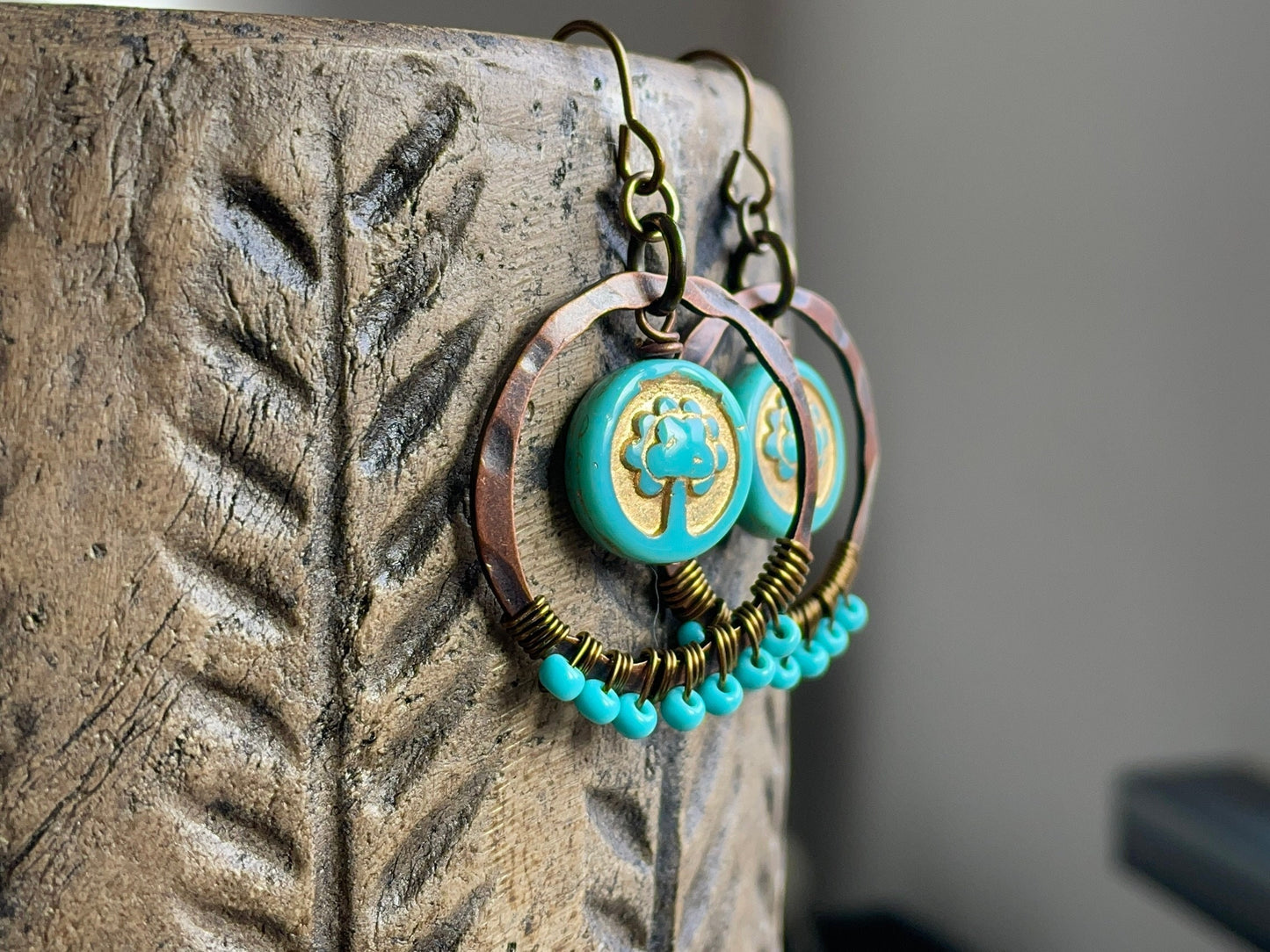 Turquoise Czech Glass Tree of Life Earrings. Bohemian Style Wire Wrapped Hoops. Colourful Summer Jewellery. Boho Gift