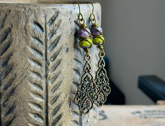 Colourful Purple & Lime Green Czech Glass Earrings. Filigree Earrings. Long Boho Earrings. Wirework Earrings. Bohemian Style Jewellery