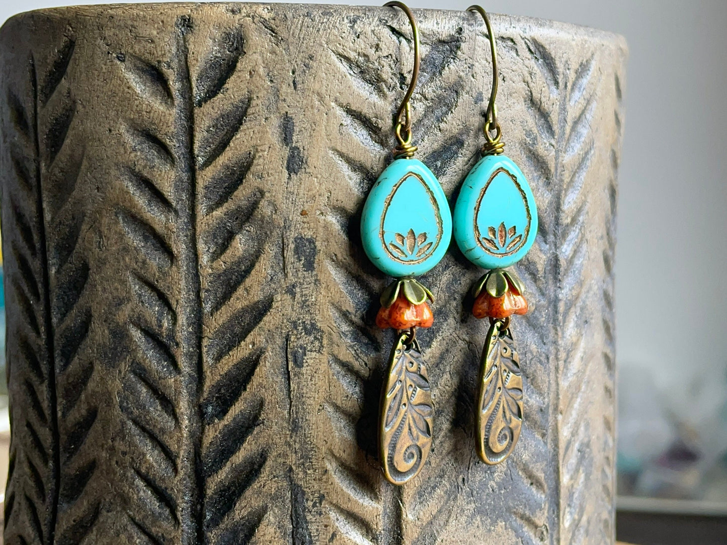 Czech Glass Lotus Flower Earrings. Turquoise Lotus Blossom Earrings. Teardrop Earrings. Brass Charm Earrings. Bohemian Style Jewellery