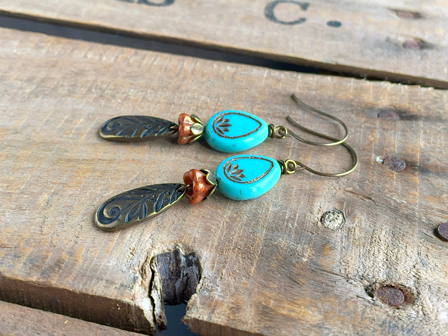 Czech Glass Lotus Flower Earrings. Turquoise Lotus Blossom Earrings. Teardrop Earrings. Brass Charm Earrings. Bohemian Style Jewellery