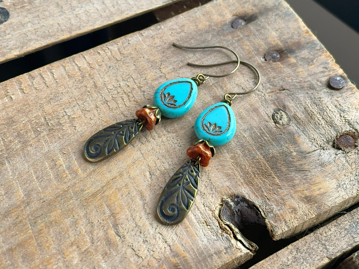 Czech Glass Lotus Flower Earrings. Turquoise Lotus Blossom Earrings. Teardrop Earrings. Brass Charm Earrings. Bohemian Style Jewellery