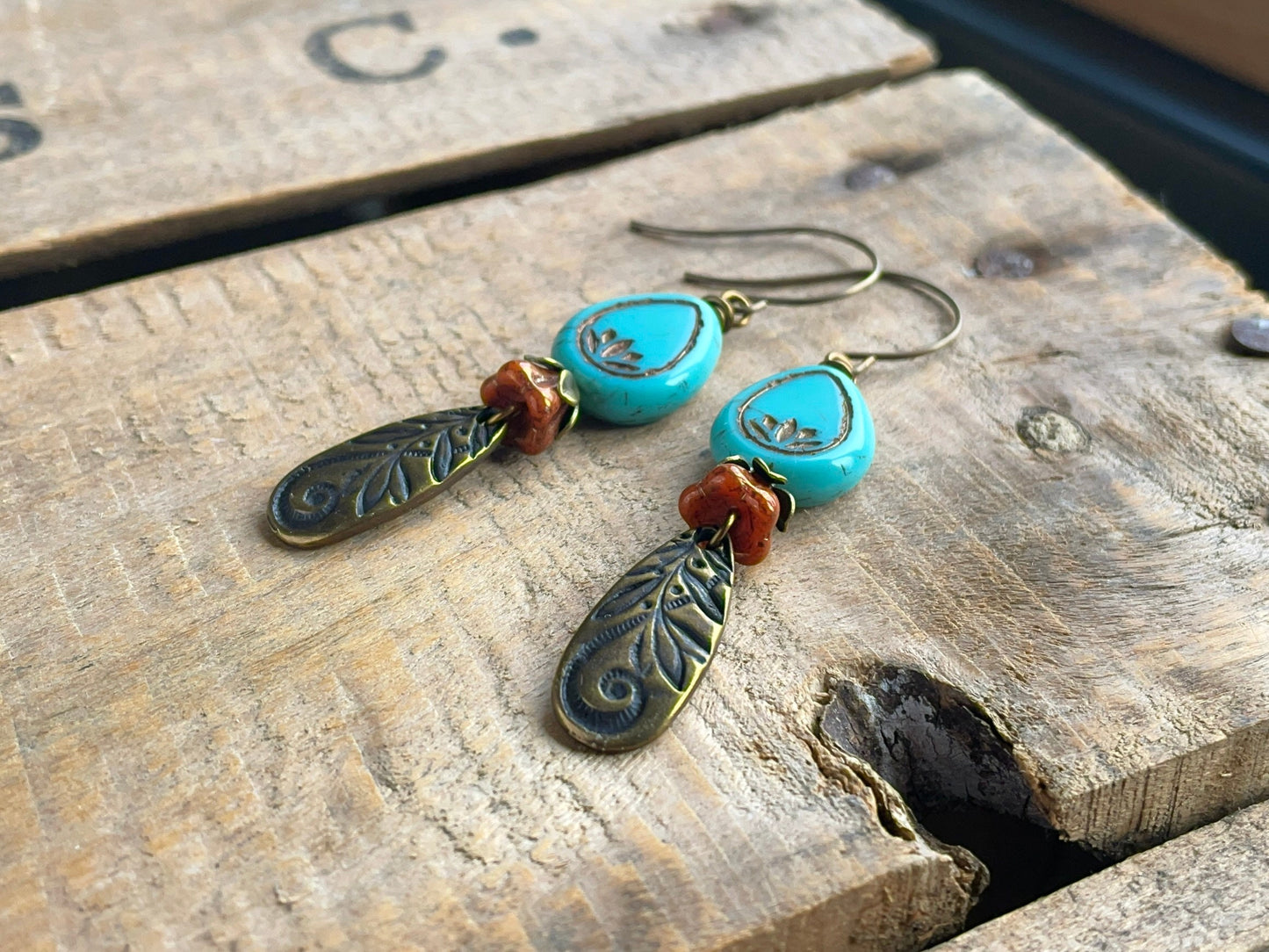 Czech Glass Lotus Flower Earrings. Turquoise Lotus Blossom Earrings. Teardrop Earrings. Brass Charm Earrings. Bohemian Style Jewellery