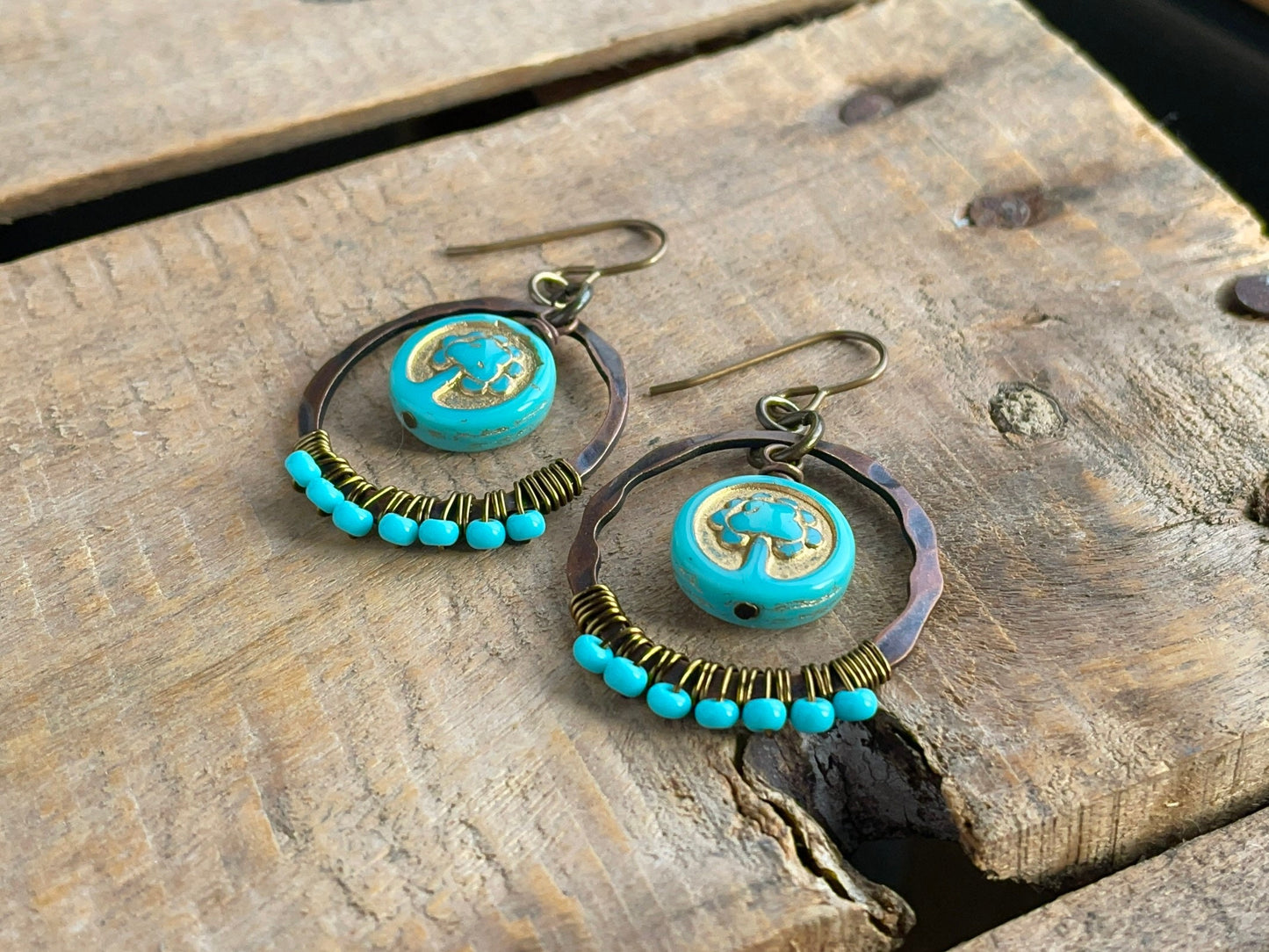 Turquoise Czech Glass Tree of Life Earrings. Bohemian Style Wire Wrapped Hoops. Colourful Summer Jewellery. Boho Gift