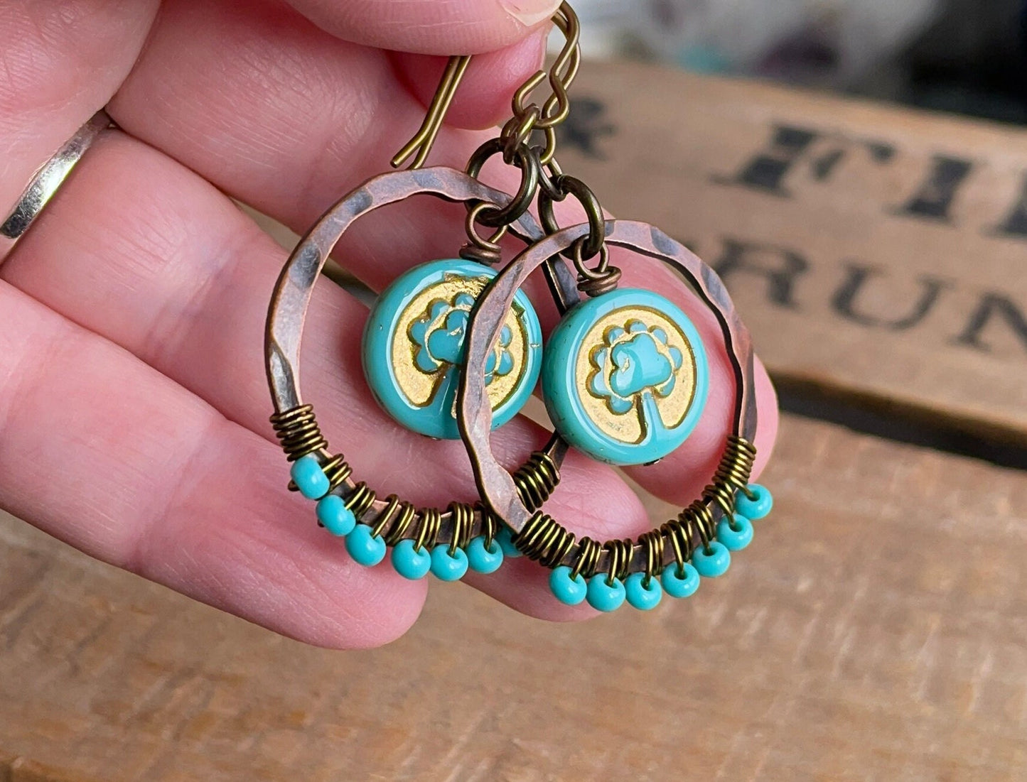 Turquoise Czech Glass Tree of Life Earrings. Bohemian Style Wire Wrapped Hoops. Colourful Summer Jewellery. Boho Gift