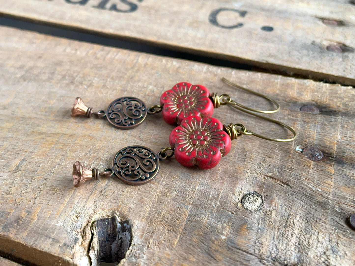 Red Anemone Blossom Earrings. Czech Glass Anemone Flower Earrings. Rustic Red & Copper Earrings. Bohemian Style Earrings. Flower Lover Gift